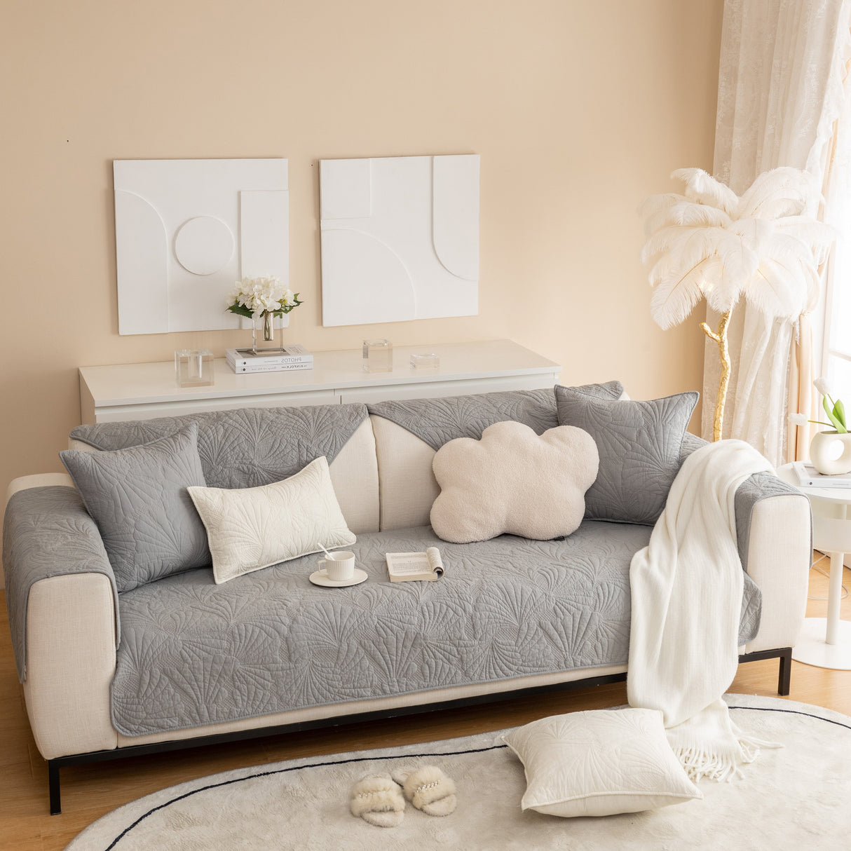 Embossed Leaf Cotton Quilted Sofa Cover Non-Slip Couch Protector with Thick Padding