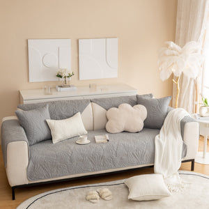 Embossed Leaf Cotton Quilted Sofa Cover Non-Slip Couch Protector with Thick Padding