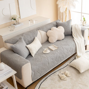 Embossed Leaf Cotton Quilted Sofa Cover Non-Slip Couch Protector with Thick Padding