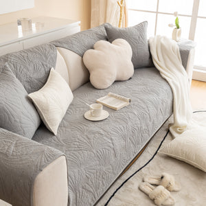 Embossed Leaf Cotton Quilted Sofa Cover Non-Slip Couch Protector with Thick Padding