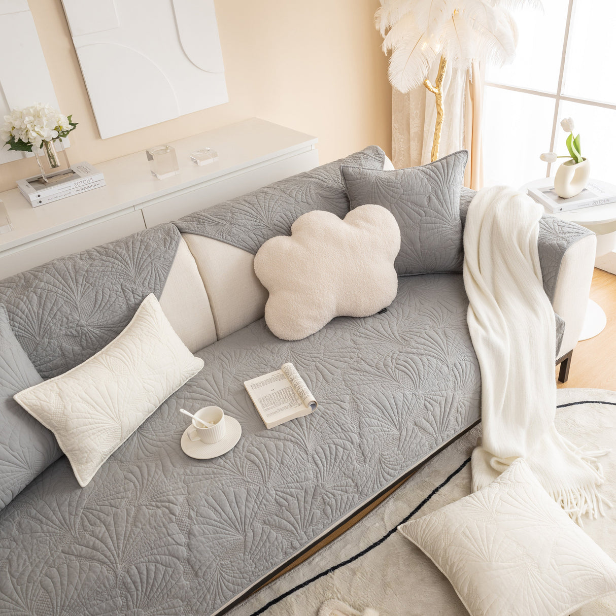 Embossed Leaf Cotton Quilted Sofa Cover Non-Slip Couch Protector with Thick Padding