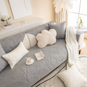 Embossed Leaf Cotton Quilted Sofa Cover Non-Slip Couch Protector with Thick Padding