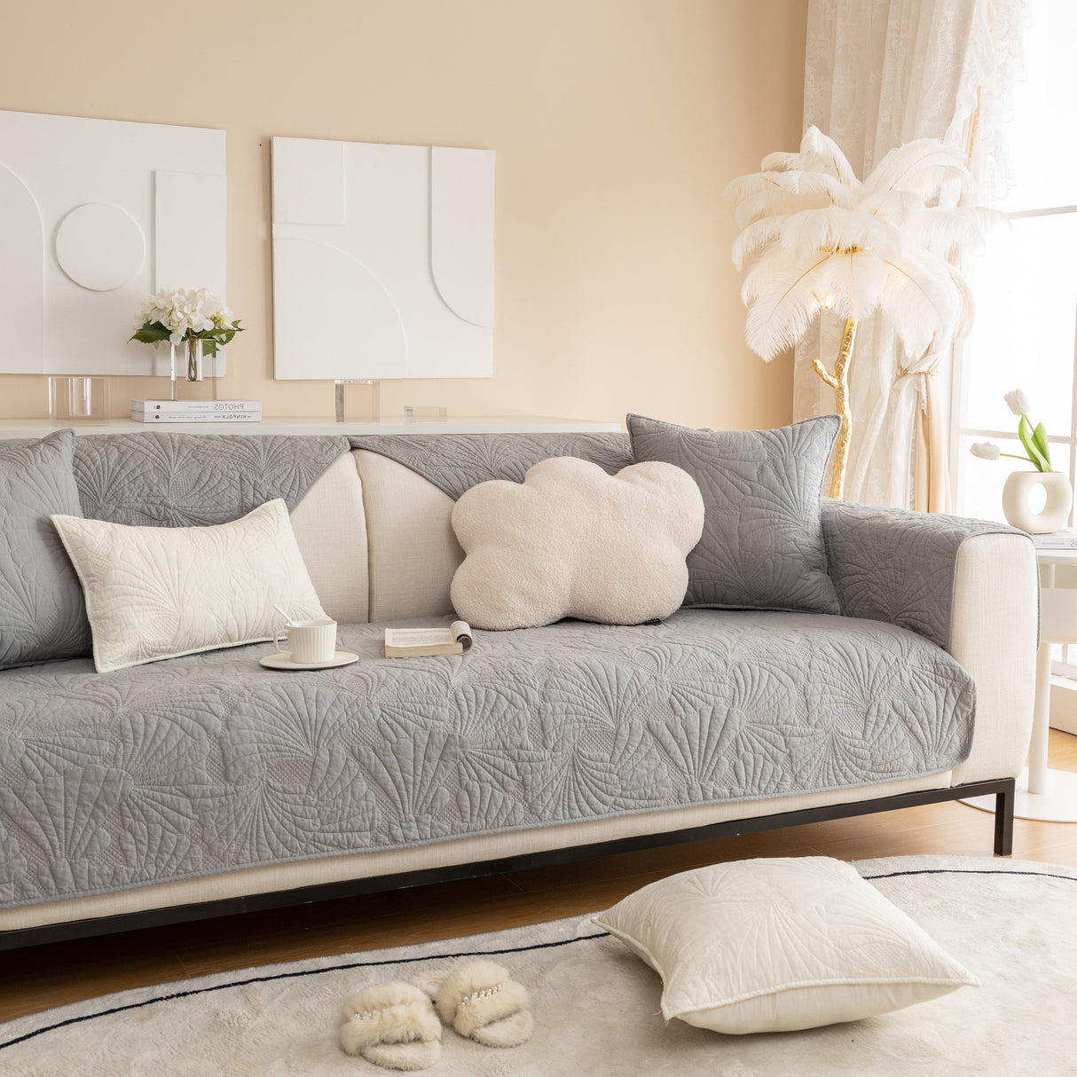 Embossed Leaf Cotton Quilted Sofa Cover Non-Slip Couch Protector with Thick Padding