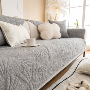 Embossed Leaf Cotton Quilted Sofa Cover Non-Slip Couch Protector with Thick Padding