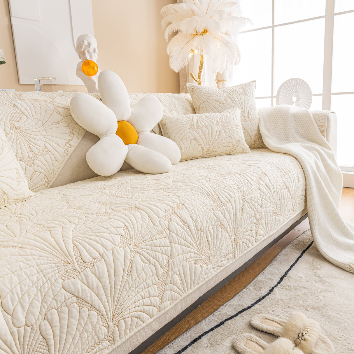 Embossed Leaf Cotton Quilted Sofa Cover Non-Slip Couch Protector with Thick Padding