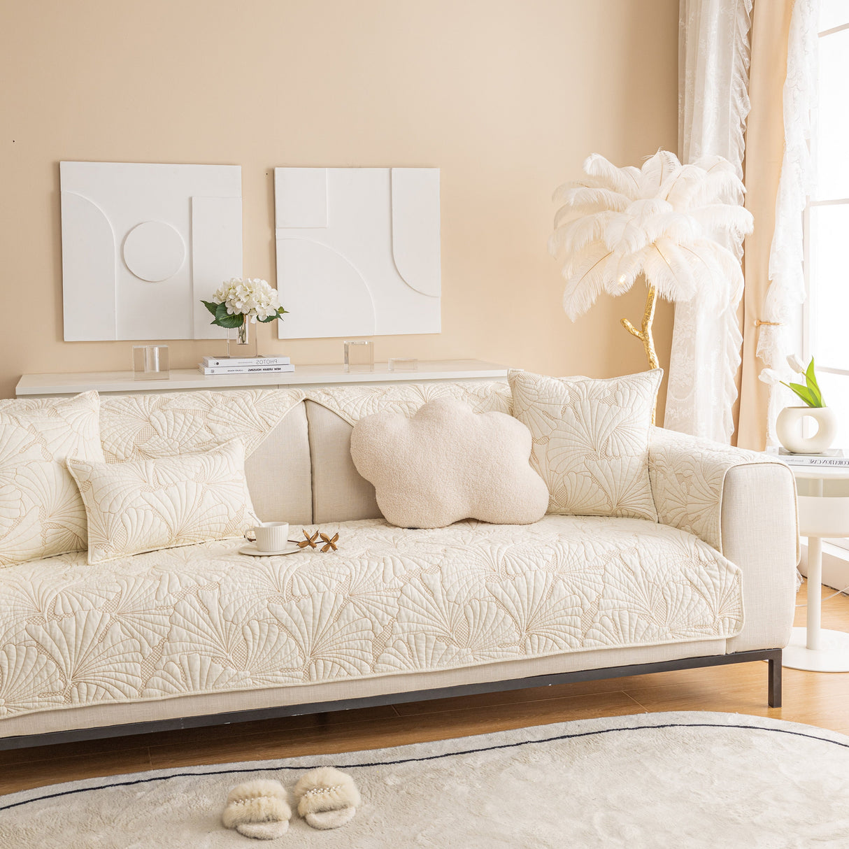 Embossed Leaf Cotton Quilted Sofa Cover Non-Slip Couch Protector with Thick Padding