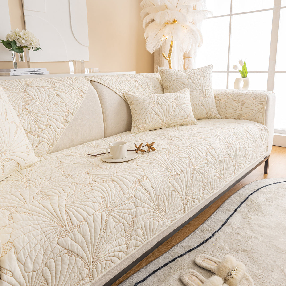 Embossed Leaf Cotton Quilted Sofa Cover Non-Slip Couch Protector with Thick Padding