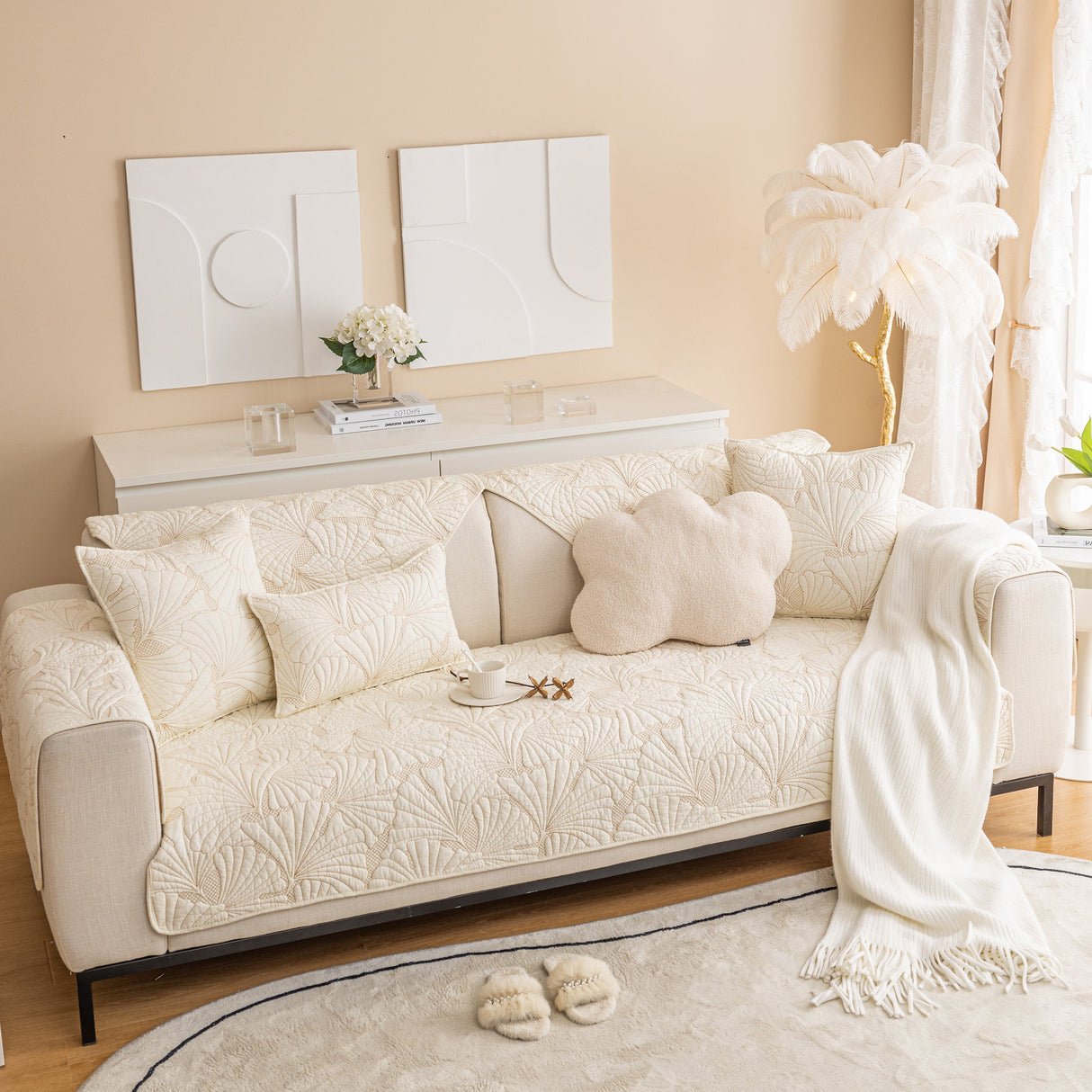 Embossed Leaf Cotton Quilted Sofa Cover Non-Slip Couch Protector with Thick Padding