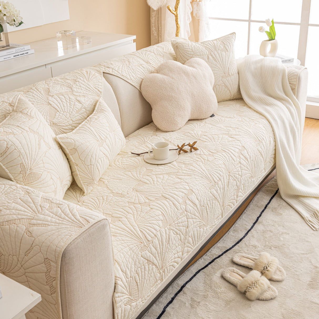 Embossed Leaf Cotton Quilted Sofa Cover Non-Slip Couch Protector with Thick Padding