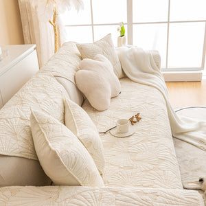 Embossed Leaf Cotton Quilted Sofa Cover Non-Slip Couch Protector with Thick Padding