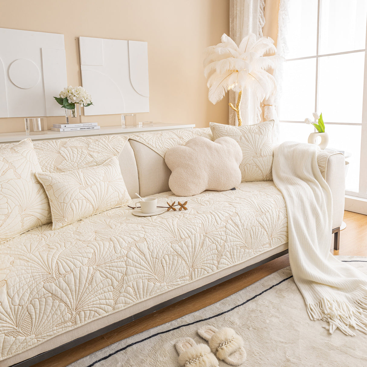 Embossed Leaf Cotton Quilted Sofa Cover Non-Slip Couch Protector with Thick Padding