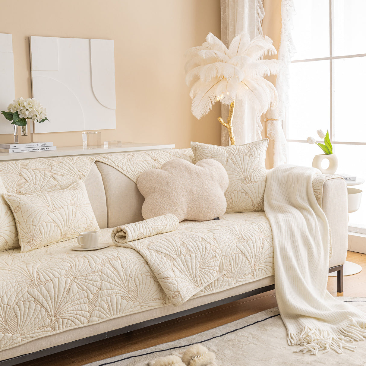 Embossed Leaf Cotton Quilted Sofa Cover Non-Slip Couch Protector with Thick Padding