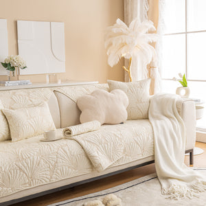 Embossed Leaf Cotton Quilted Sofa Cover Non-Slip Couch Protector with Thick Padding