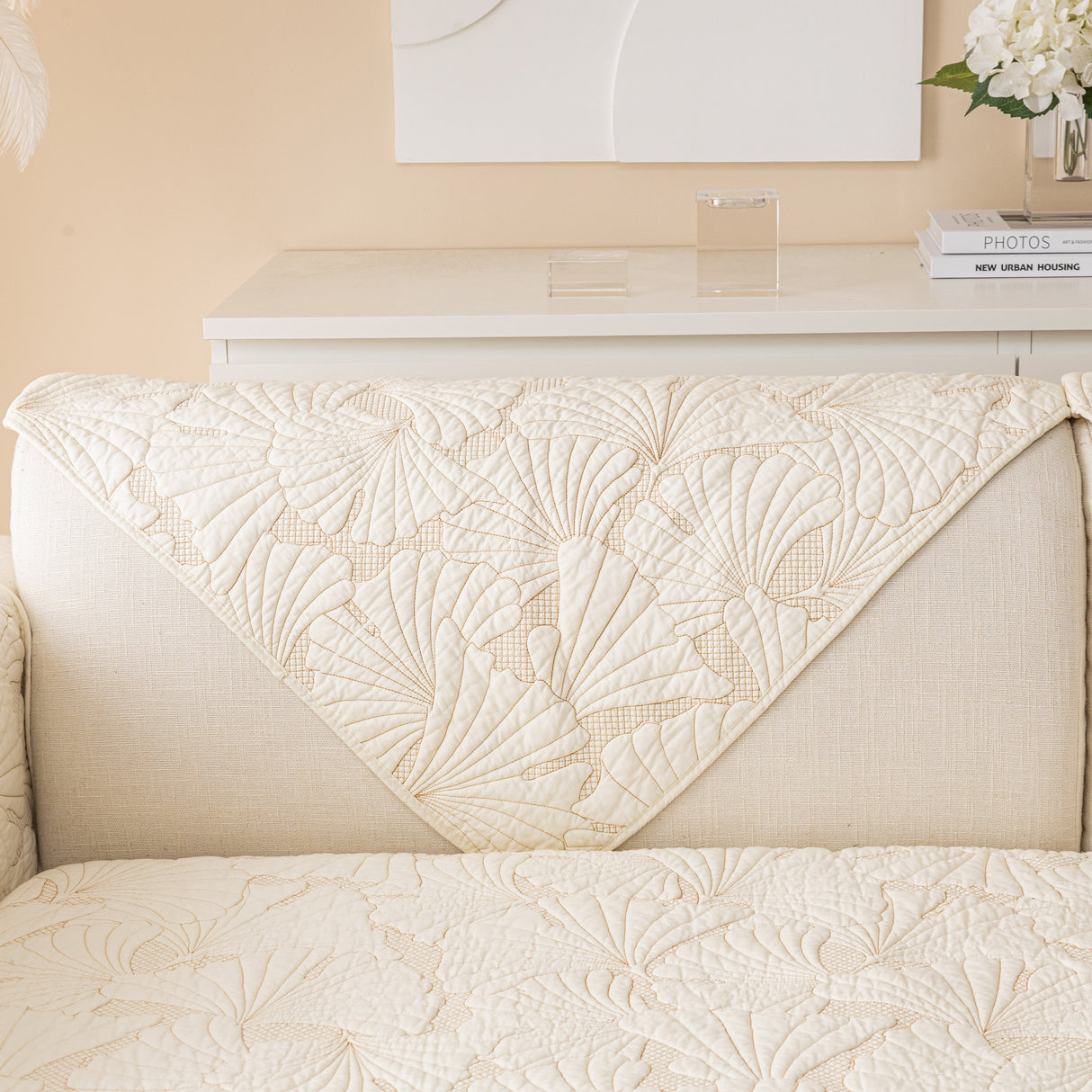 Embossed Leaf Cotton Quilted Sofa Cover Non-Slip Couch Protector with Thick Padding