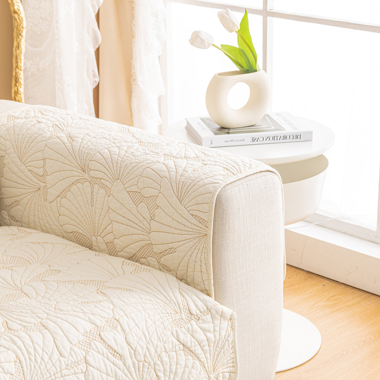 Embossed Leaf Cotton Quilted Sofa Cover Non-Slip Couch Protector with Thick Padding