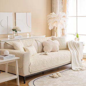 Geometric Textured Cotton Quilted Sofa Cover, Non-Slip Washable Couch Protector