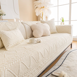 Geometric Textured Cotton Quilted Sofa Cover, Non-Slip Washable Couch Protector