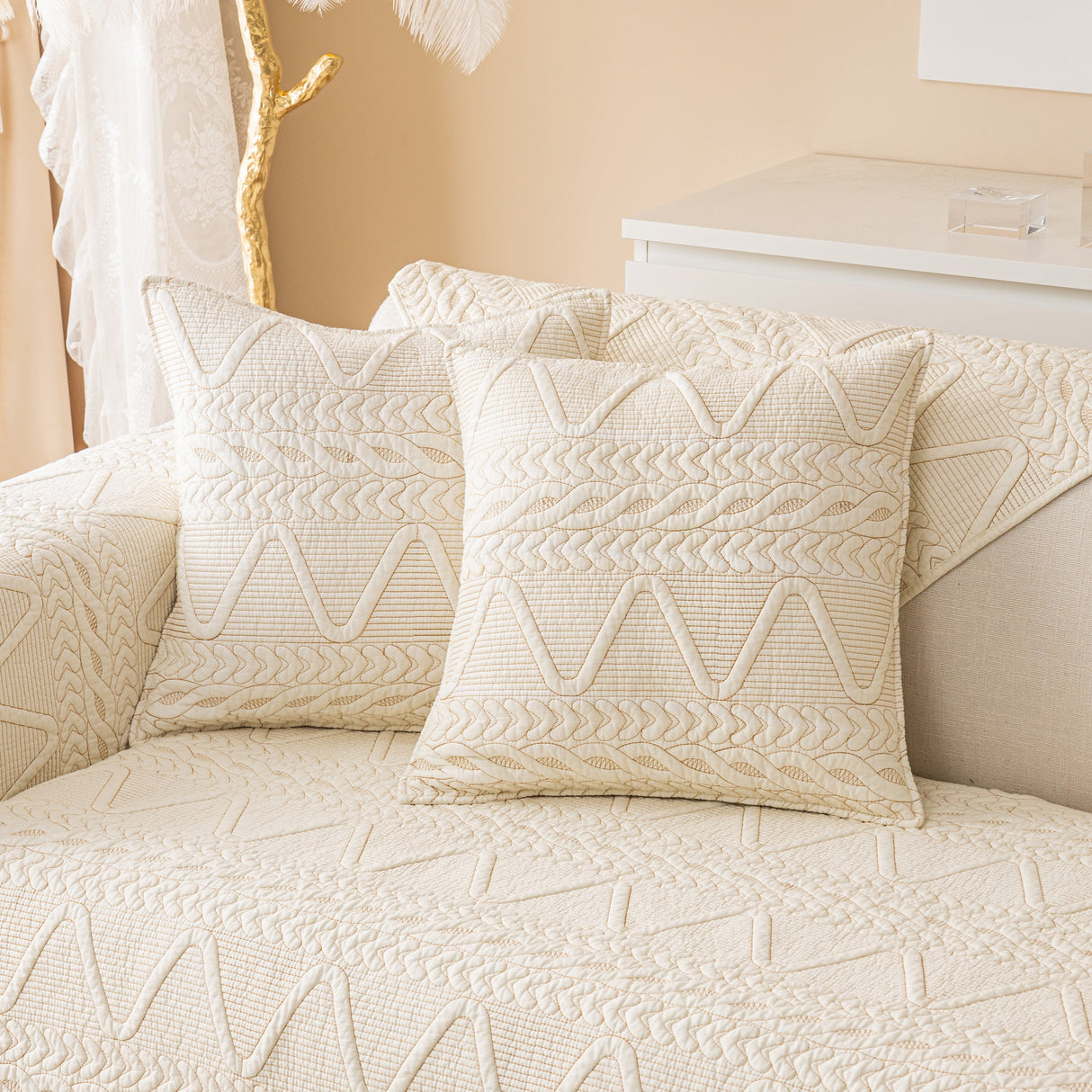 Geometric Textured Cotton Quilted Sofa Cover, Non-Slip Washable Couch Protector