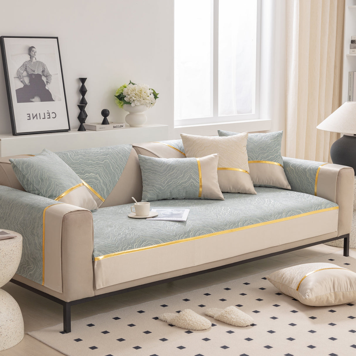 Modular Sofa Cover for Sectionals, Gold Striped Non-Slip Couch Protector