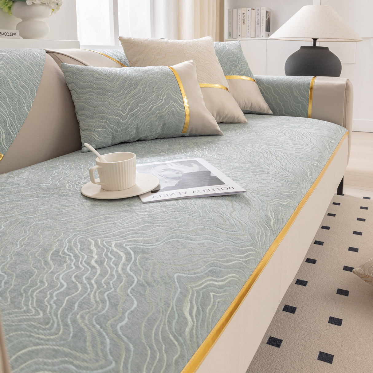 Modular Sofa Cover for Sectionals, Gold Striped Non-Slip Couch Protector