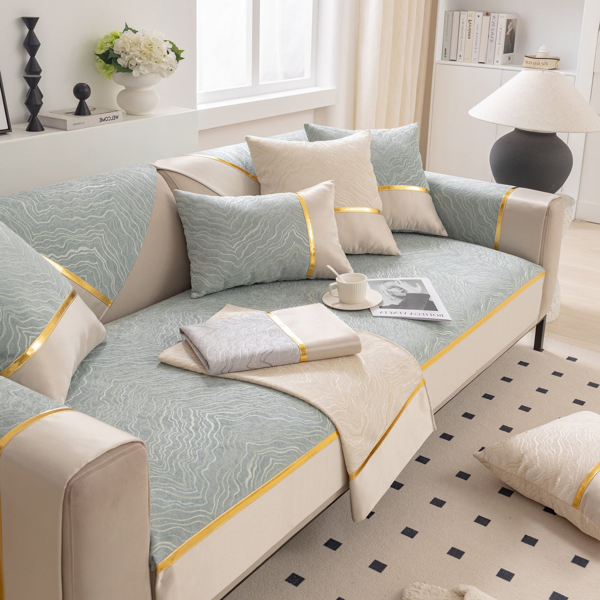 Modular Sofa Cover for Sectionals, Gold Striped Non-Slip Couch Protector