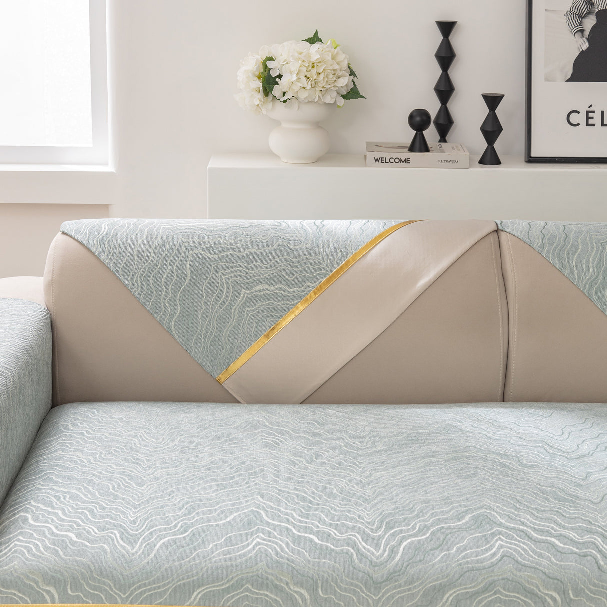 Modular Sofa Cover for Sectionals, Gold Striped Non-Slip Couch Protector