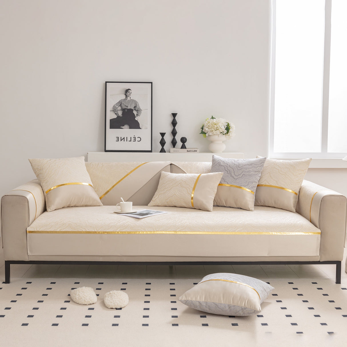 Modular Sofa Cover for Sectionals, Gold Striped Non-Slip Couch Protector