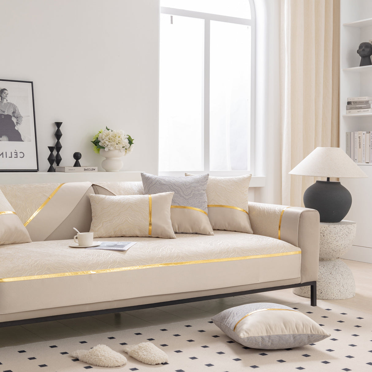 Modular Sofa Cover for Sectionals, Gold Striped Non-Slip Couch Protector