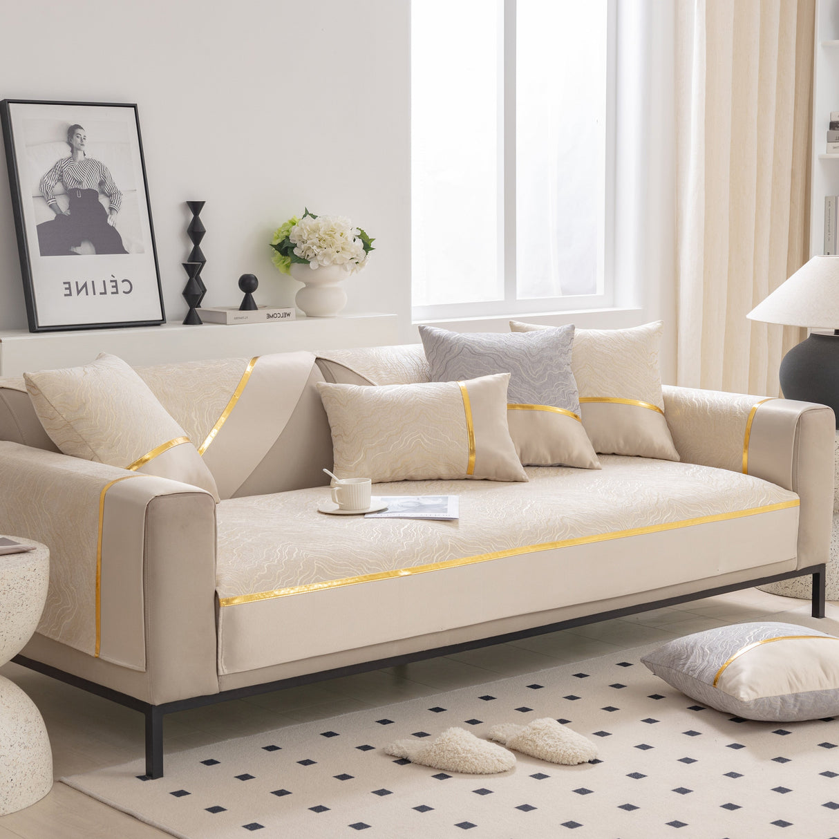 Modular Sofa Cover for Sectionals, Gold Striped Non-Slip Couch Protector