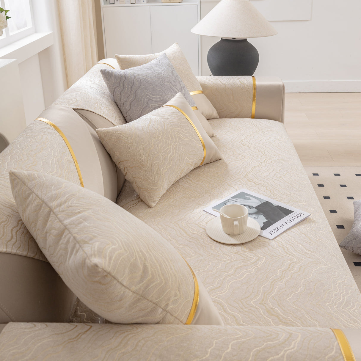 Modular Sofa Cover for Sectionals, Gold Striped Non-Slip Couch Protector