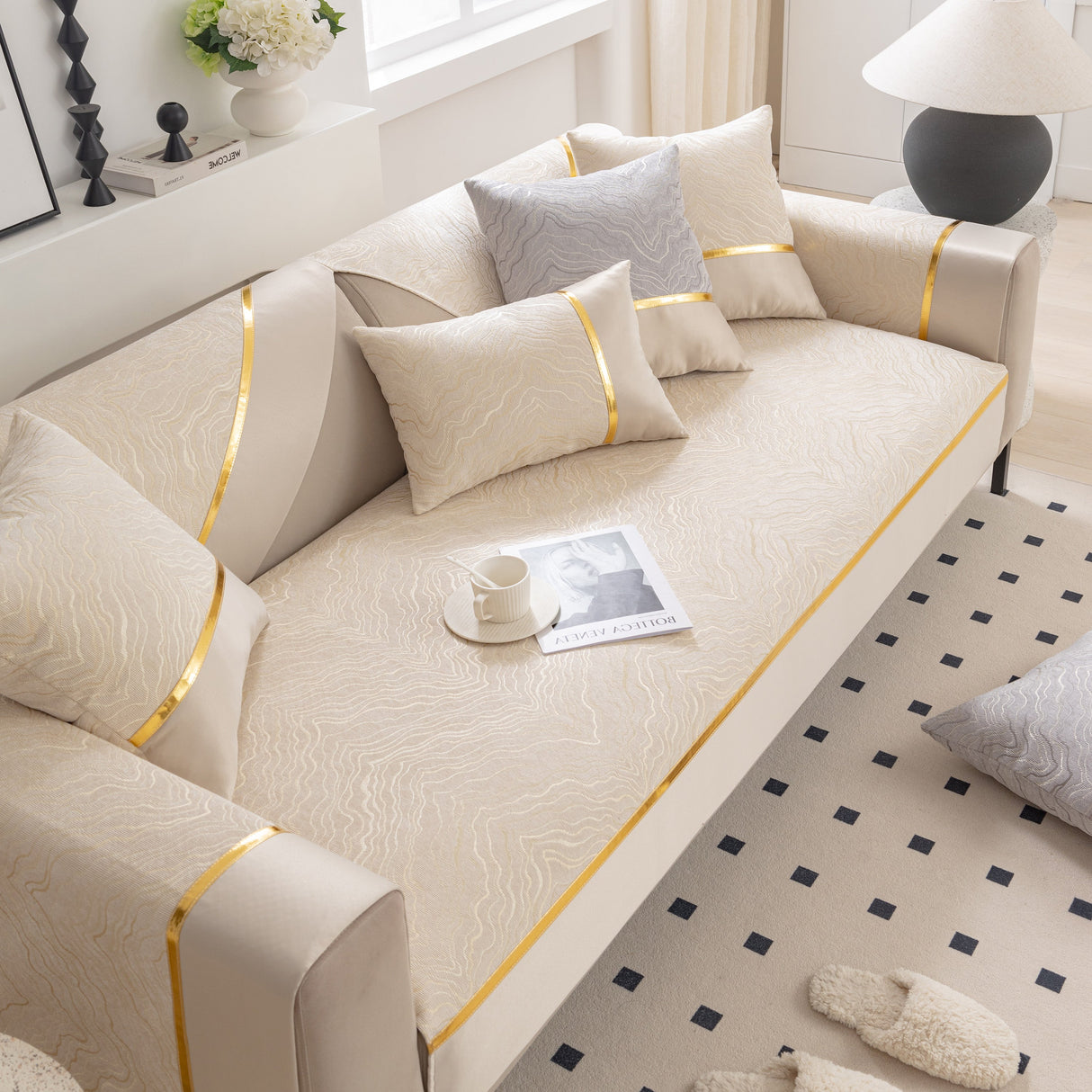 Modular Sofa Cover for Sectionals, Gold Striped Non-Slip Couch Protector