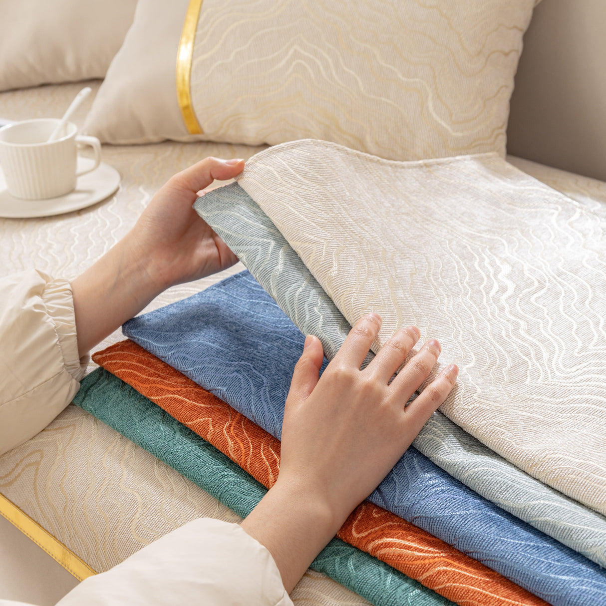 Modular Sofa Cover for Sectionals, Gold Striped Non-Slip Couch Protector