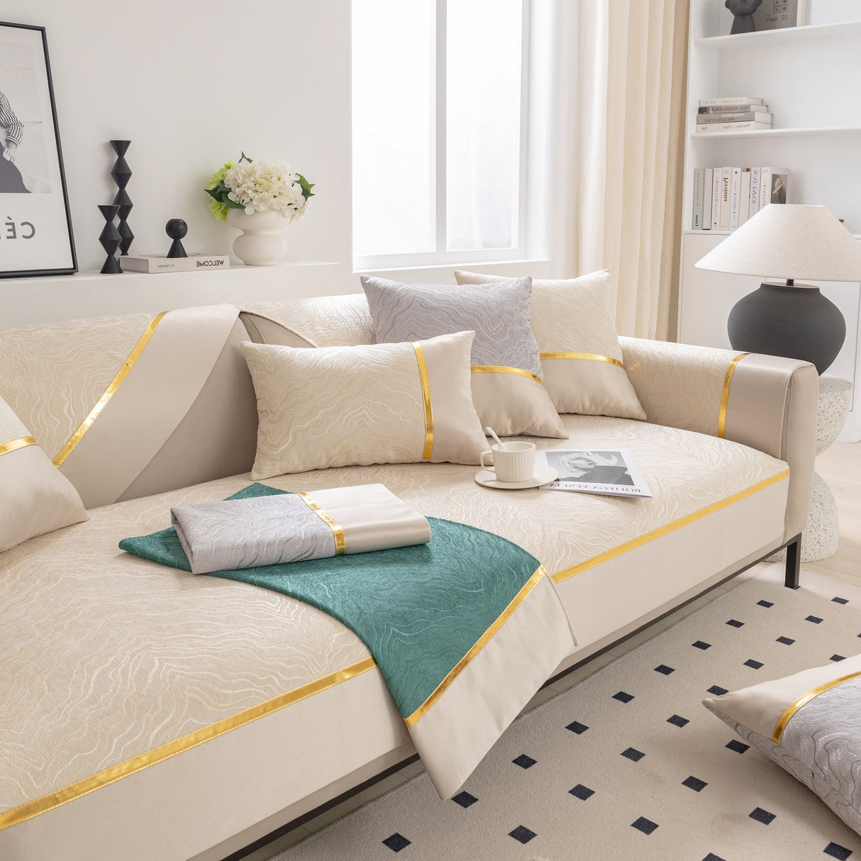 Modular Sofa Cover for Sectionals, Gold Striped Non-Slip Couch Protector