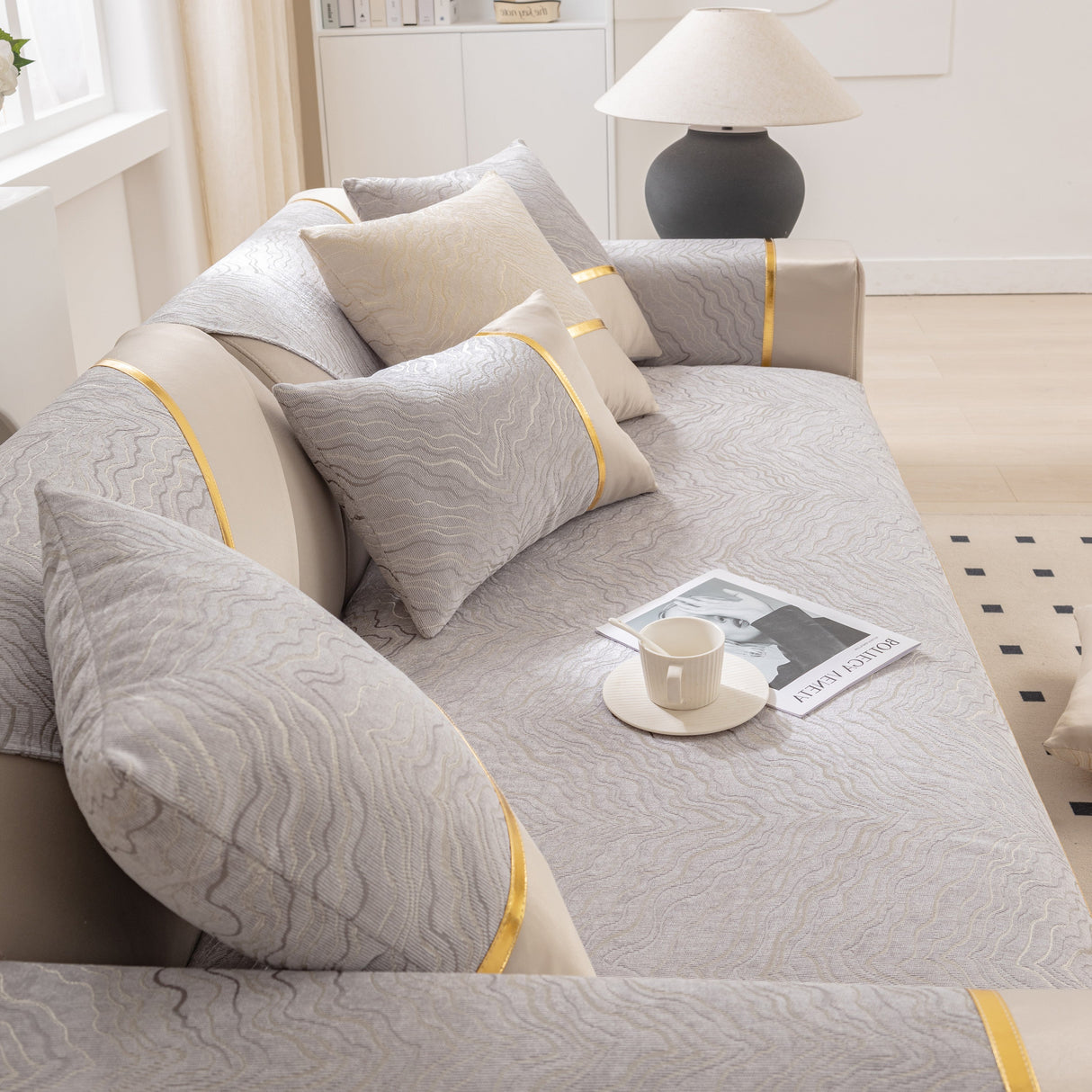 Modular Sofa Cover for Sectionals, Gold Striped Non-Slip Couch Protector