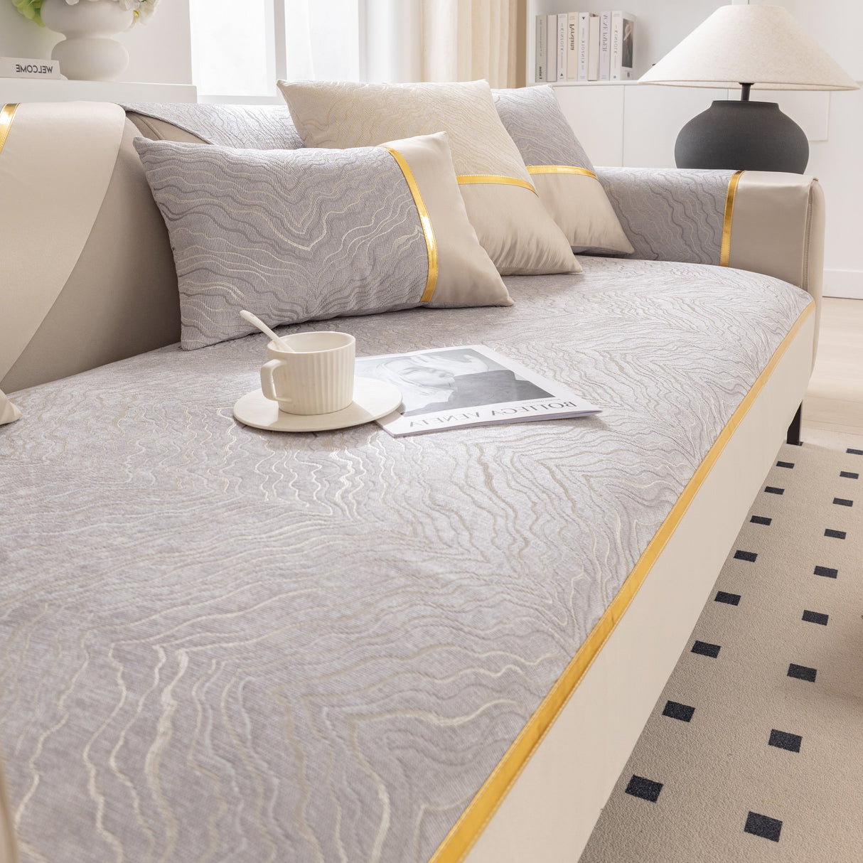 Modular Sofa Cover for Sectionals, Gold Striped Non-Slip Couch Protector