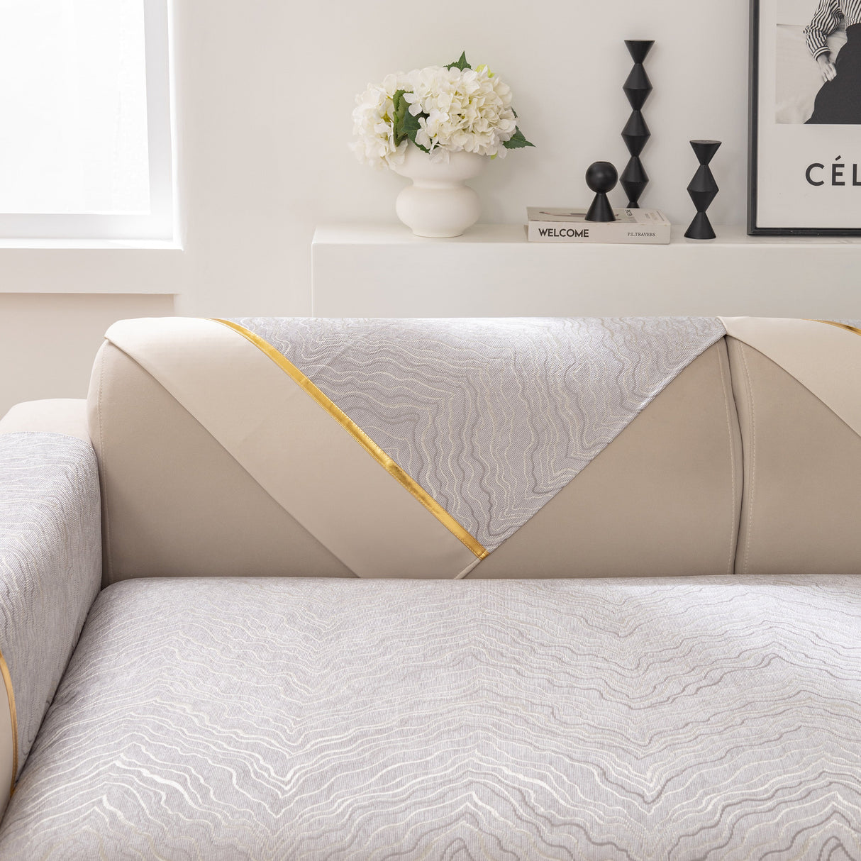 Modular Sofa Cover for Sectionals, Gold Striped Non-Slip Couch Protector