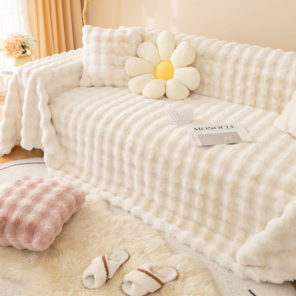 Super Soft Fluffy Faux Rabbit Fur Sofa Throw Blanket, Couch Cover Blanket for Couches Living Room Furniture Throw