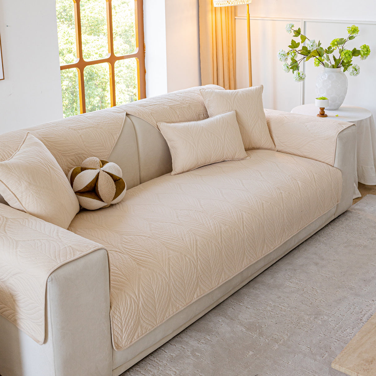 Leaf Vein Textured Cotton Quilted Sofa Slipcover, Non-Slip Modular Couch Covers