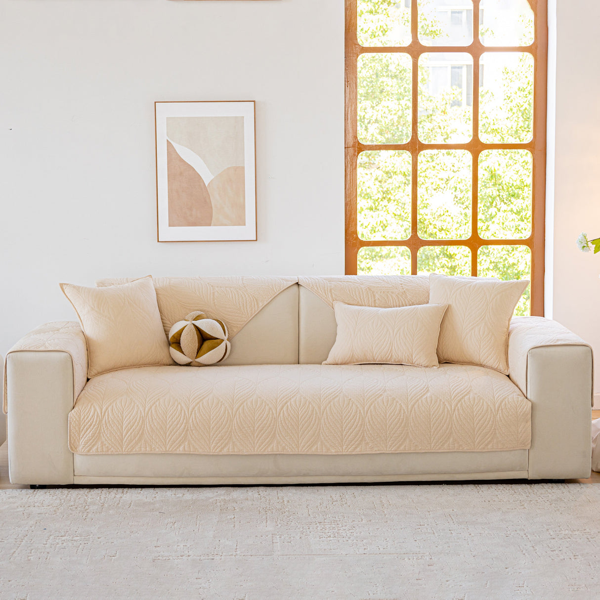 Leaf Vein Textured Cotton Quilted Sofa Slipcover, Non-Slip Modular Couch Covers