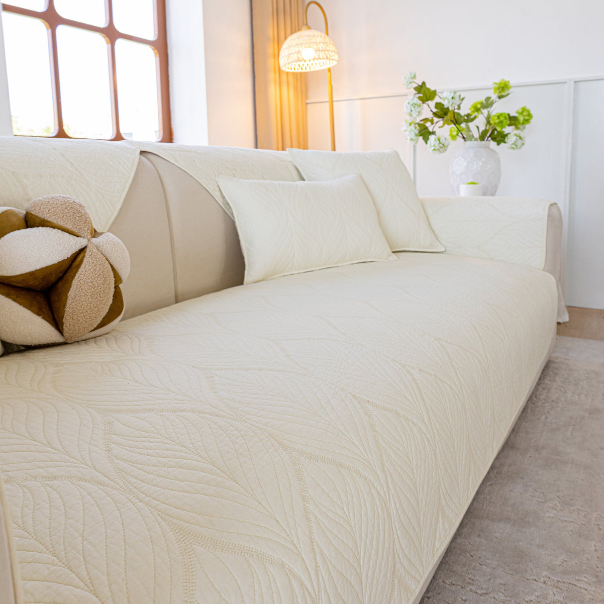 Leaf Vein Textured Cotton Quilted Sofa Slipcover, Non-Slip Modular Couch Covers