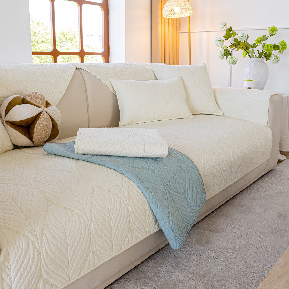 Leaf Vein Textured Cotton Quilted Sofa Slipcover, Non-Slip Modular Couch Covers