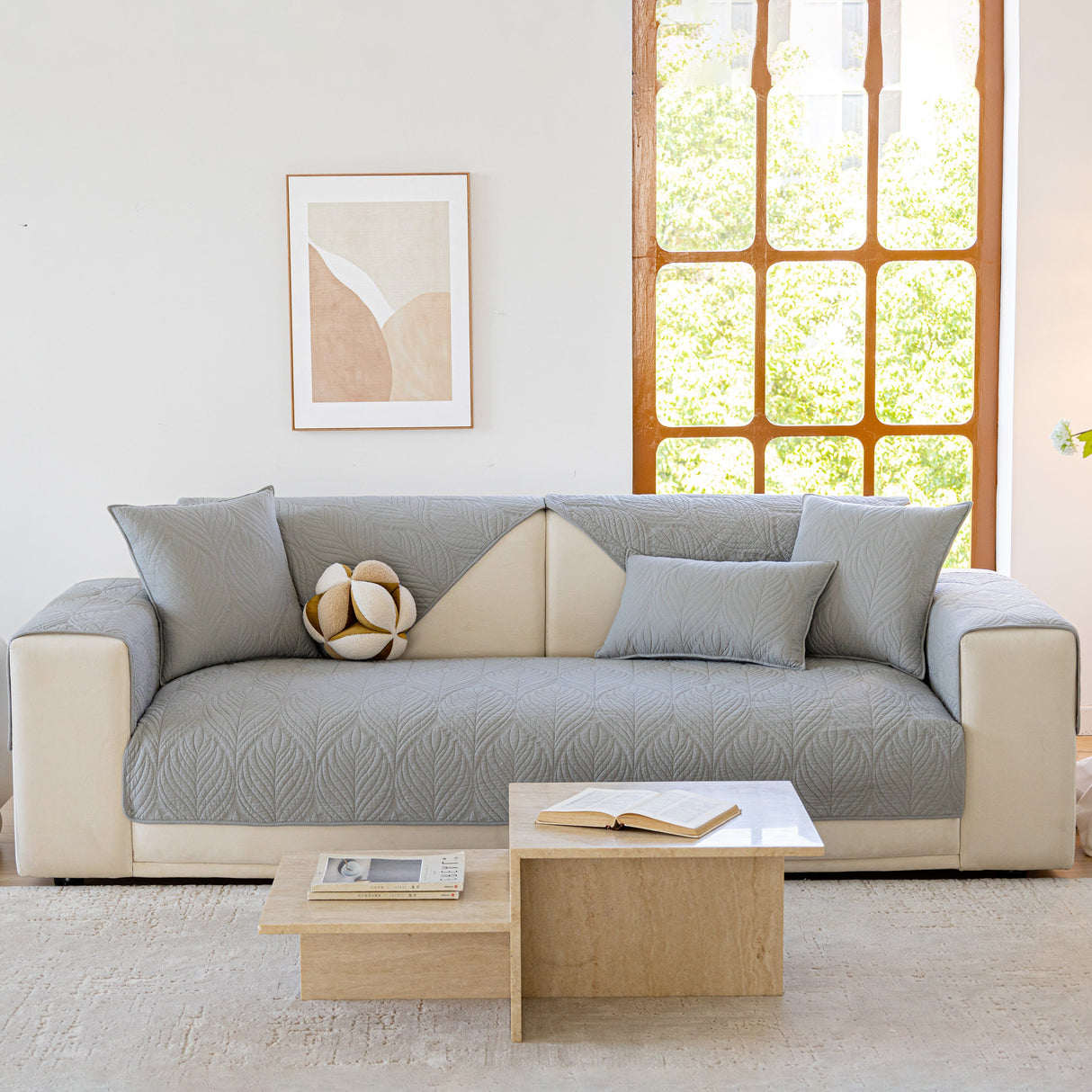 Leaf Vein Textured Cotton Quilted Sofa Slipcover, Non-Slip Modular Couch Covers