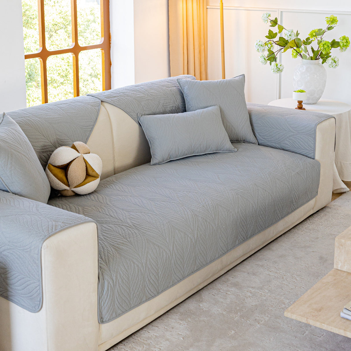 Leaf Vein Textured Cotton Quilted Sofa Slipcover, Non-Slip Modular Couch Covers