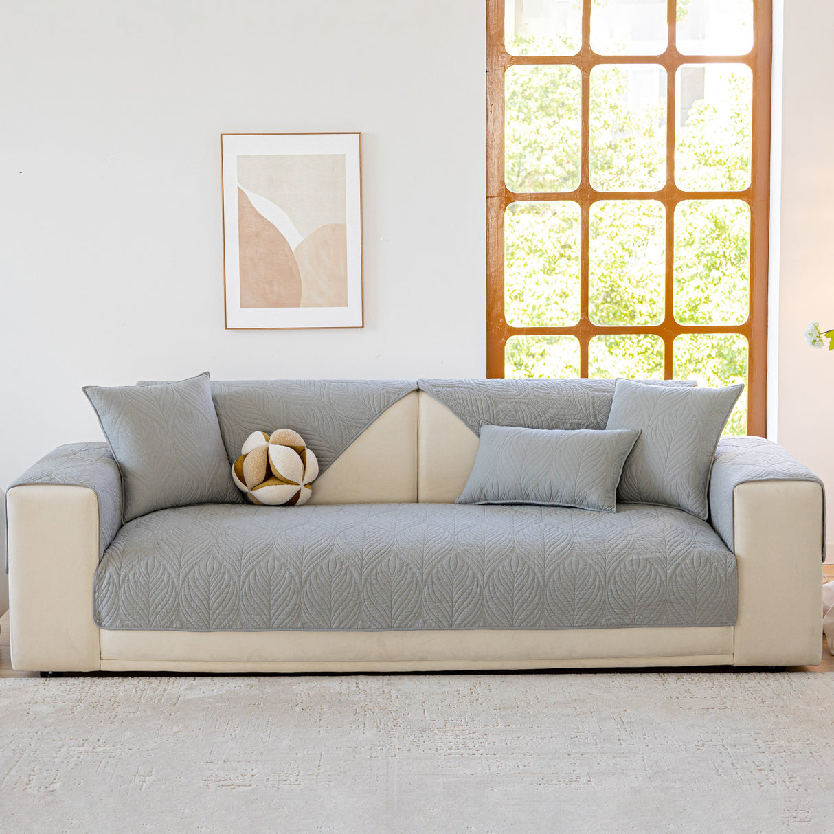 Leaf Vein Textured Cotton Quilted Sofa Slipcover, Non-Slip Modular Couch Covers