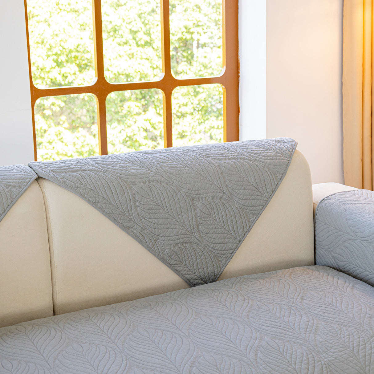 Leaf Vein Textured Cotton Quilted Sofa Slipcover, Non-Slip Modular Couch Covers