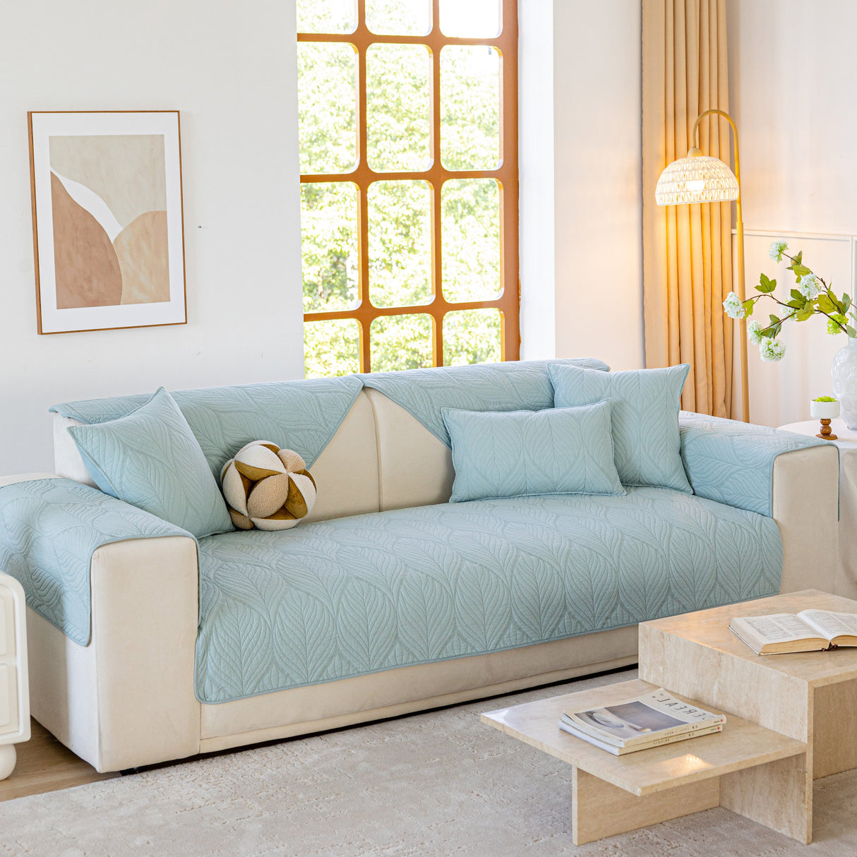 Leaf Vein Textured Cotton Quilted Sofa Slipcover, Non-Slip Modular Couch Covers