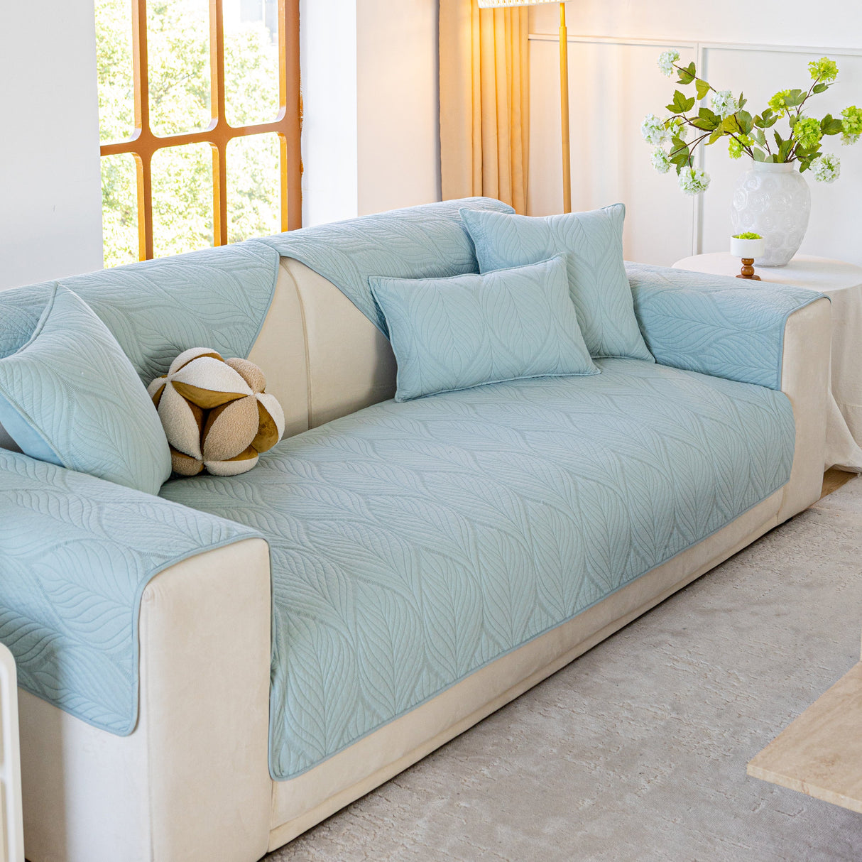 Leaf Vein Textured Cotton Quilted Sofa Slipcover, Non-Slip Modular Couch Covers