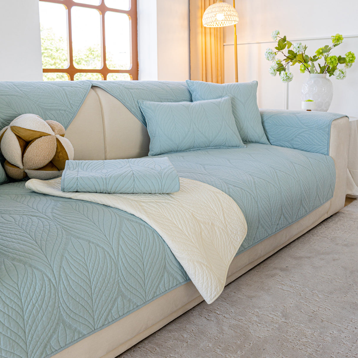 Leaf Vein Textured Cotton Quilted Sofa Slipcover, Non-Slip Modular Couch Covers