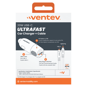Ventev 20W ULTRAFAST USB C Universal Car Charger and USB C to Apple Lightning Cable by Ventev