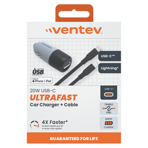 Ventev 20W ULTRAFAST USB C Universal Car Charger and USB C to Apple Lightning Cable by Ventev